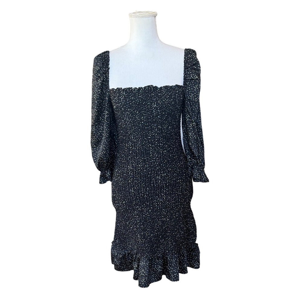 William B Smocked‎ Puff Sleeve Confetti Print Dress Black AF90214D Womens Large